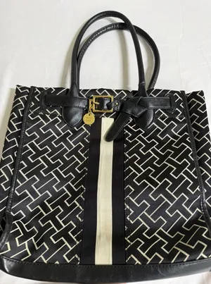 Tommy Hilfiger Monogram Tote Bag Black White Geometric Stripe Gold Buckle Charm thumbnail 1