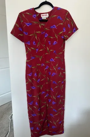 Maggy London Vintage 90s Red Floral Calla Lily Button Front Midi Dress Size 4 thumbnail 1