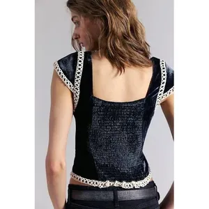 NWT!! FREE PEOPLE Tyler Velvet Corset Top Black Cream Embroidered Bohemian Large thumbnail 8