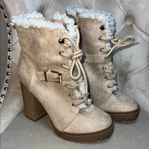Express Beige Heeled Boots with Faux‎ Fur thumbnail 1