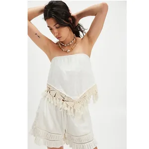 Free People Womens White Cotton Crochet Tassel Handkerchief‎ Tube Top Small Boho thumbnail 2