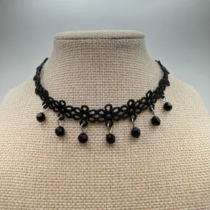 Gothic Moody Witchy Floral Tatting Beaded Choker One Size Black thumbnail 2