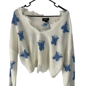 Just Polly Women White Blue Butterfly Distressed Cropped V-Neck‎ Sweater Large thumbnail 2