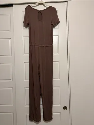 Casual Short-Sleeve Brown Jumpsuit with Drawstring Waist - Size Medium thumbnail 6