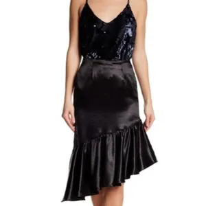 Ro & De Black Satin Asymmetrical Ruffle Midi Skirt NWT S thumbnail 2