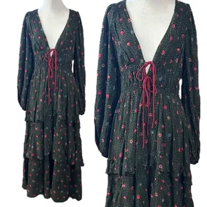 Free People Bohemian Gypsy Tiered Ruffle Maxi Dress Size Medium Witchy Plunge thumbnail 5