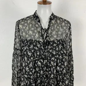 English Factory Blouse Small Black Gray Sheer Boho Long Sleeve Vintage thumbnail 3