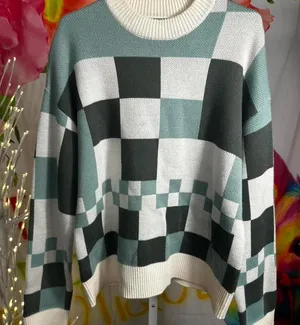 N164. Song of Style green and white checkered sweater Size M thumbnail 1