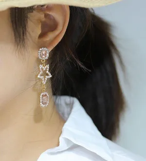 Women's Crystal Stars Asymmetrical Dangle Drop Earrings Gold thumbnail 5