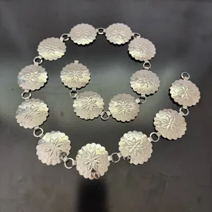 Vintage Unisex Silver Tone Western Boho Flower Concho Chain Link Belt thumbnail 2