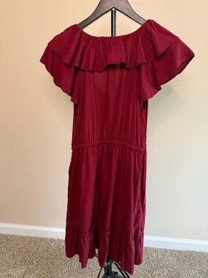 Old Navy Waist-Defined‎ Ruffle-Trim Mini Dress Burgundy Rayon Burgundy thumbnail 3