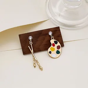 Asymmetrical Artist Earrings- Gold Art Palette Painter Paint Brush Jewelry Gift thumbnail 1