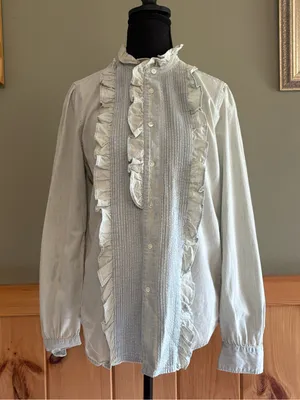Ralph Lauren RUFFLE-TRIM CHAMBRAY Button Up Cotton SHIRT in light denim thumbnail 2