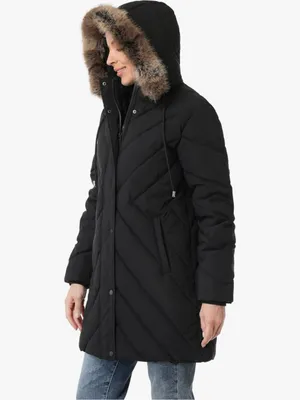 Women's Black Quilted Puffer Coat with Faux Fur Hood AP thumbnail 6