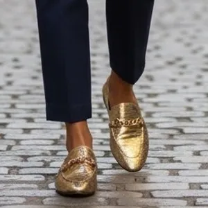 Karl Lagerfeld Paris Elsa Gold Metallic Snakeskin Chain Loafers Womans 9M thumbnail 10