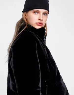 ZARA FAUX FUR SHORT FULL ZIP COAT JACKET in Black Sz Large thumbnail 1