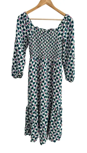 Hanna Andersson Geometric Floral Smocked Midi Dress Size XS Square Neck Casual thumbnail 1