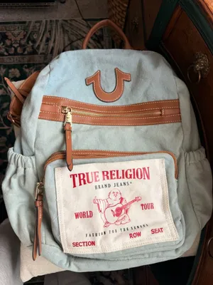 Denim Backpack True Religion Buddha Multi Pocket Light Blue Y2K Streetwear thumbnail 1