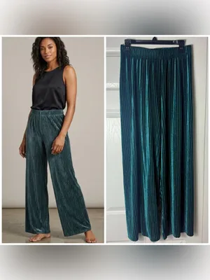 House of Harlow 1960 Teal Green Velvet Striped Wide Leg Pants Small Stretch thumbnail 2