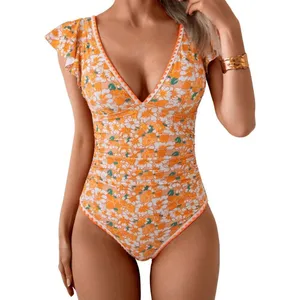 Aidonger‎ Orange Green Floral Ruched One Piece Swimsuit Large NWT thumbnail 8