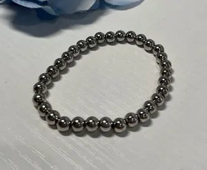 Silver Tone Beaded Stretchy Bracelet‎ 6mm Tarnish Resistant Stainless Steel thumbnail 1