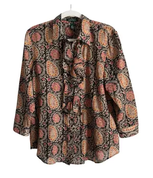 Lauren Ralph Lauren Paisley Ruffle Blouse Cotton Boho Cottagecore Western XL thumbnail 1