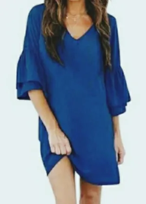 Belongsci Shift Dress Women XS Blue Tiered Bell Sleeve‎ V-Neck Mini 8817# thumbnail 1