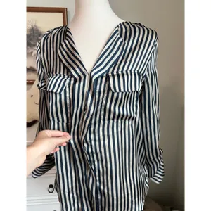Love Culture coastal nautical Striped Satin Blouse Navy Cream Roll Tab Sleeve Button Up thumbnail 3