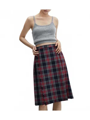 Mango Pleated Midi-Skirt NWT Red Blue Plaid Size Small thumbnail 7