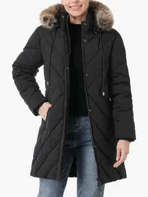 Women's Black Quilted Puffer Coat with Faux Fur Hood AP thumbnail 2