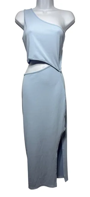 One Shoulder Cut Out Maxi Dress Small Light‎ Blue Ribbed Knit Slit thumbnail 1