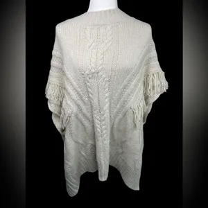Apt. 9 Honor Roll Knit Cable Fringe Poncho Sweater Ivory Off White thumbnail 2