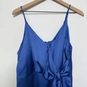Anthropologie Chelsea28 Women Dress XL Blue Satin‎ Faux Wrap Midi Party Cocktail thumbnail 4