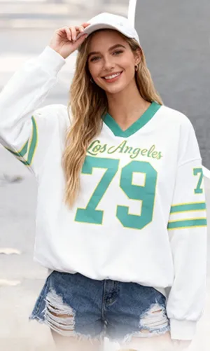 NEW Oversized Jersey Shirt V Neck Sweatshirt Graphic Pullover S thumbnail 1