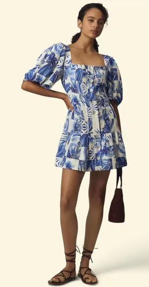 Farm Rio Garden Tiles Linen Puff Sleeves Mini Dress Size Large thumbnail 1