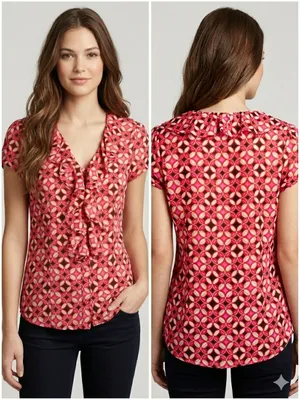 Banana Republic Ruffle Button Down Blouse XS Petite Geometric Print Semi-Sheer thumbnail 1