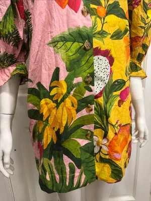 Farm Rio 100% Cotton Tropical Fruit Print V-Neck Mini Dress - Pink Yellow Sz XS thumbnail 4