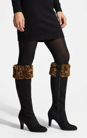 Aerosoles Grape Leaves Boots 7.5 Black Faux Suede Leopard Fur Knee High Heeled thumbnail 1