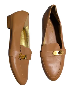 Donna Karan Thompson Turn Lock Buckle Camel Tan Leather Classic Loafers Sz 6 thumbnail 1