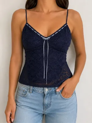 NWT Hollister Navy Floral Lace Cami Top Size L Coquette Y2K Babydoll thumbnail 1