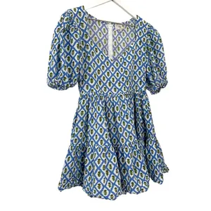 Mille Aneli Blue & Green Block Print Puff Sleeve Mini Dress Size XS thumbnail 6