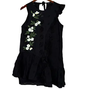 Zara Delicate Eyelet Floral Daisy Embroidered Sleeveless Mini Dress Large Black thumbnail 2
