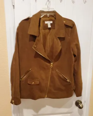 H&M womens biker jacket size US 14 brown zip long sleeve solid thumbnail 1