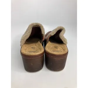 Clarks Clogs Women 10 Brown Good Leather Faux Shearling Trim Platform Mules thumbnail 4