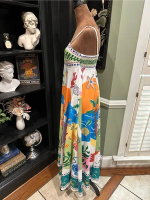 Tropical Spaghetti Strap Maxi Dress – Size Small Blue thumbnail 4