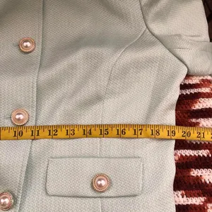 NWT JM Studio John Meyer Light Mint Green Tweed Blazer Jacket Pearl Gold Button Linen Blend Preppy Old Money Office Siren #Regal #Regency Women M Measurement in pics thumbnail 7