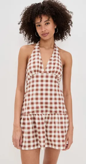 Free‎ People Cecil Mini Dress Brown Patina Combo Gingham Halter Size M thumbnail 1