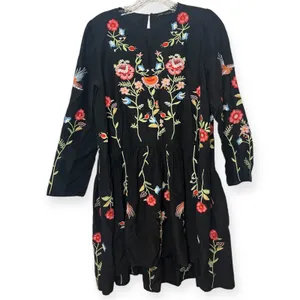 Zara Embroidered‎ Bird & Floral Black Shift Dress Cottagecore Bohemian Sz Small thumbnail 5