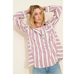 Free People Bohemian Preppy Pullover Shirt Tunic Ivory Stripes Coastal Medium thumbnail 7