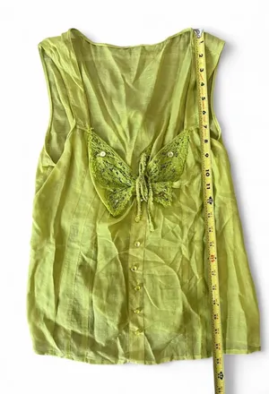 Y2K lime green top with butterfly sequin lace detail and button front thumbnail 4
